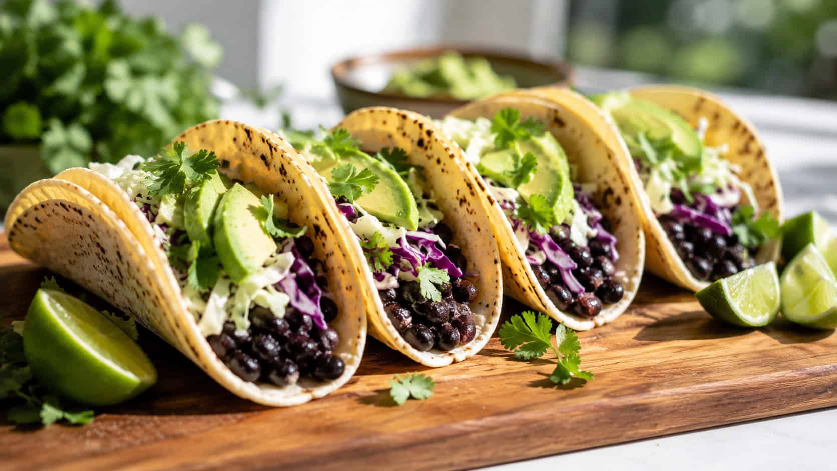 black bean tacos lined up on a wooden board in a wide horizontal shot, shredded cabbage, avocado slices, lime wedges, fresh cilantro, bright natural light, shallow depth of field, landscape orientation
