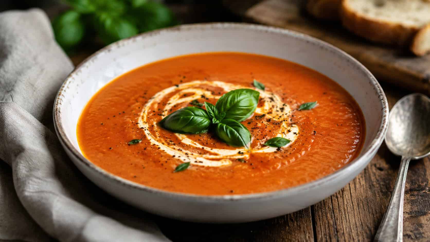 creamy tomato basil soup in a wide bowl in a horizontal shot, swirl on top, fresh basil leaves, rustic spoon and napkin, warm cozy natural light, shallow depth of field, landscape orientation