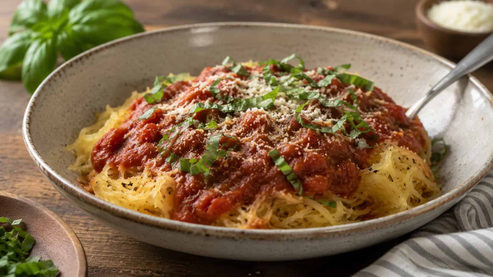 spaghetti squash strands topped with red marinara in a wide bowl in a horizontal shot, parmesan and fresh basil, rustic table, warm natural light, shallow depth of field, landscape orientation