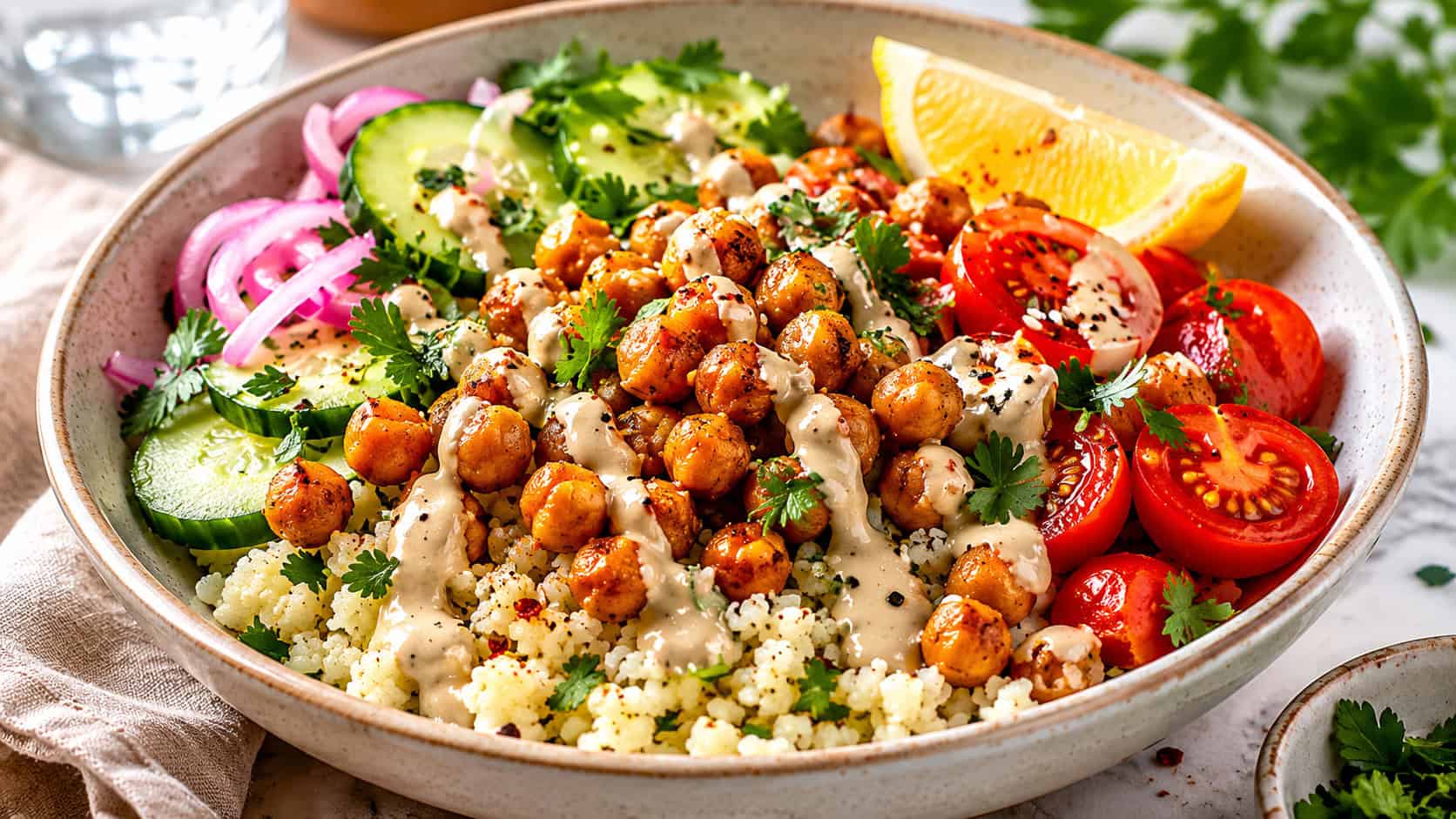 a cauliflower rice bowl in a wide horizontal shot, golden chickpeas, halved cherry tomatoes, tahini drizzle, fresh herbs, bright natural light, shallow depth of field, landscape orientation