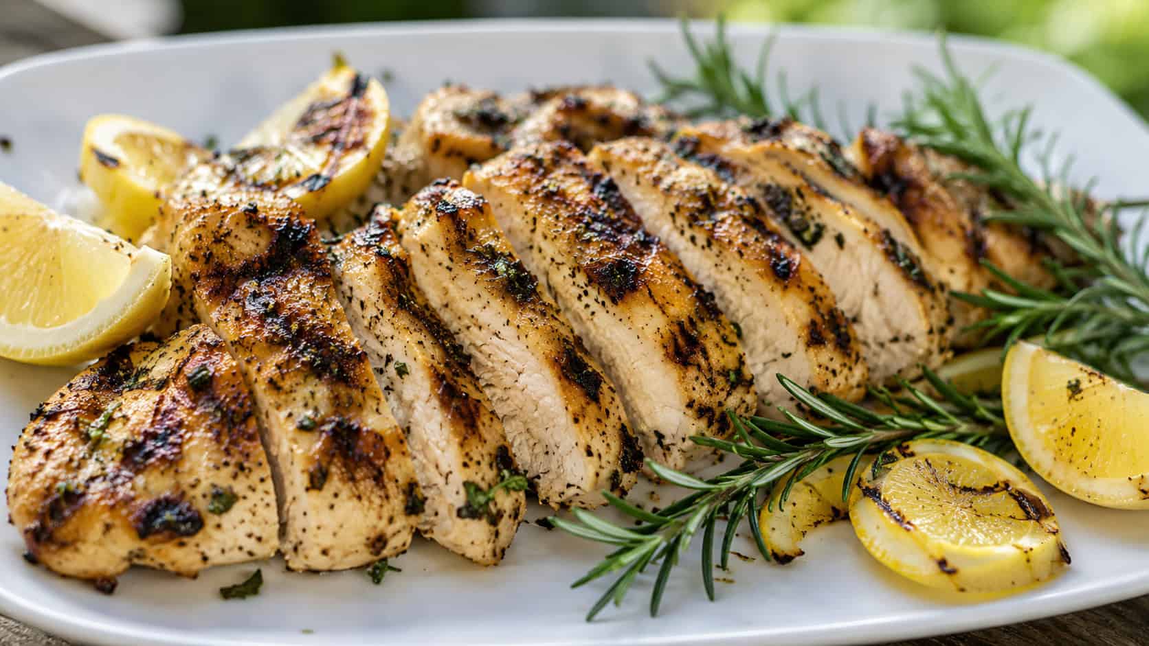 sliced grilled lemon herb chicken on a white plate in a wide horizontal shot, char marks, lemon wedges, fresh rosemary sprigs, bright natural light, shallow depth of field, landscape orientation