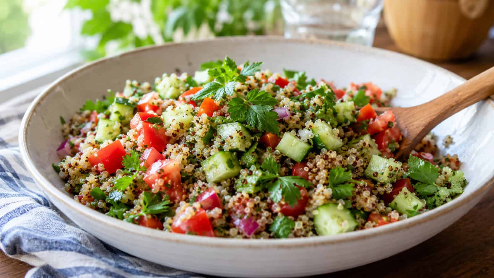 a colorful quinoa veggie salad in a wide shallow bowl in a horizontal shot, diced cucumber and tomatoes, fresh herbs, wooden serving spoon, bright natural light, shallow depth of field, landscape orientation