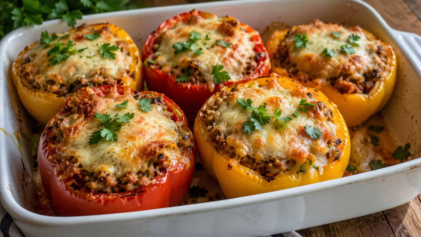 stuffed bell peppers in a baking dish in a wide horizontal shot, melted cheese tops, red and yellow peppers, fresh parsley, warm natural light, shallow depth of field, landscape orientation