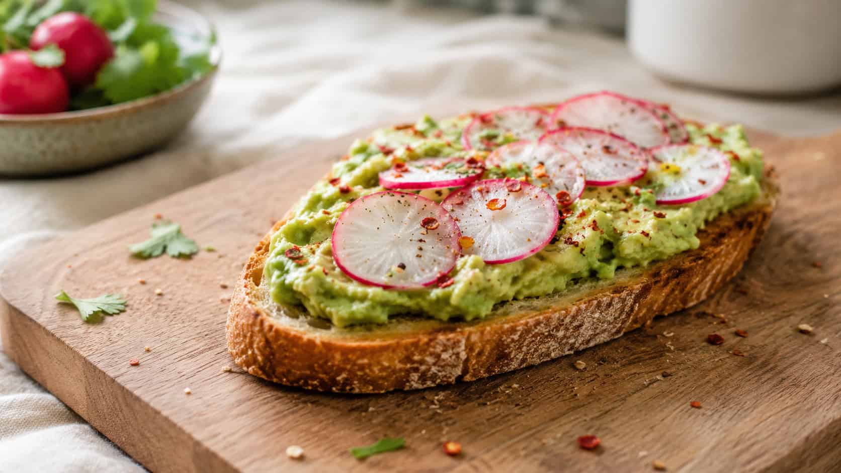 avocado toast topped with thin radish slices on a wooden board in a wide horizontal shot, creamy green avocado, red pepper flakes, bright airy natural light, shallow depth of field, landscape orientation
