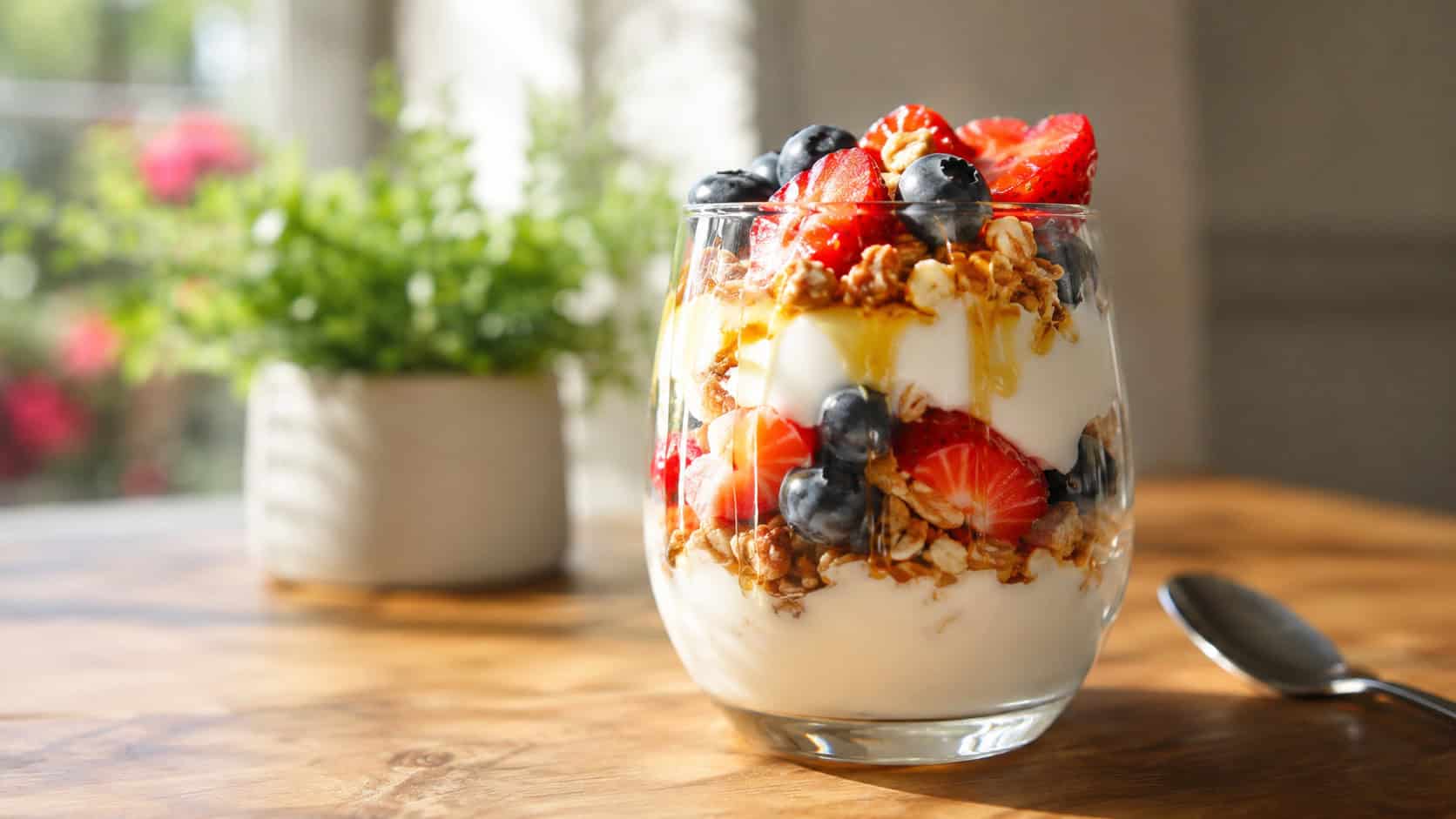 a Greek yogurt parfait in a clear glass in a wide horizontal shot, layered berries and granola, drizzle of honey, bright morning light, shallow depth of field, landscape orientation