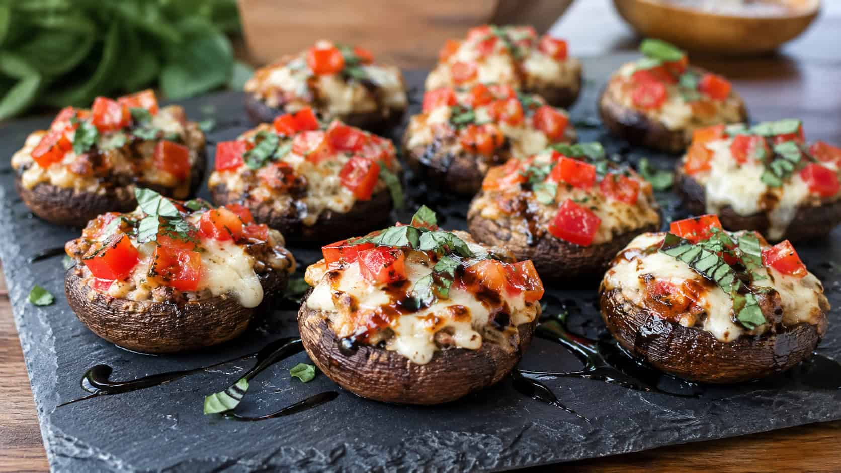 a wide horizontal tray of baked stuffed mushrooms with melted mozzarella, red tomatoes, basil, and balsamic drizzle, on a slate board, natural light, shallow depth of field, landscape orientation