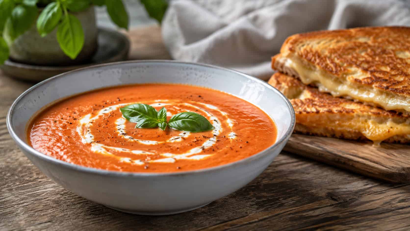 a wide horizontal bowl of creamy tomato soup with a swirl of cream and basil leaves, grilled cheese on the side, on a rustic table, natural light, shallow depth of field, landscape orientation