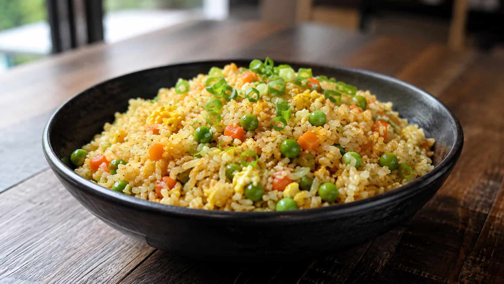 a wide horizontal bowl of egg fried rice with peas, carrots, and green onion, glossy grains, in a dark bowl, on a wood table, natural light, shallow depth of field, landscape orientation