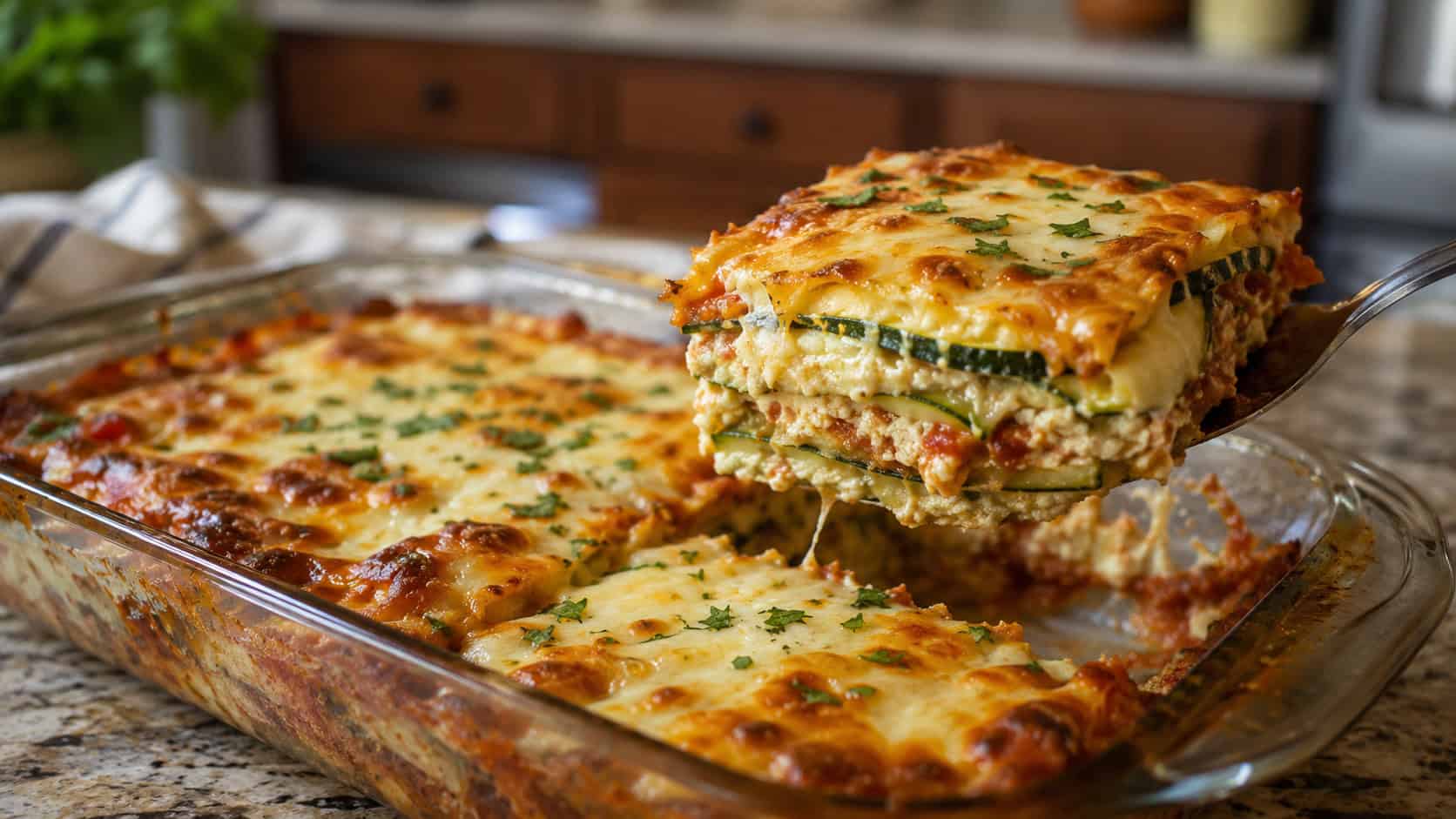 a wide horizontal baking dish of zucchini lasagna with melted golden cheese, a slice lifted to show layers, on a kitchen counter, warm natural light, shallow depth of field, landscape orientation