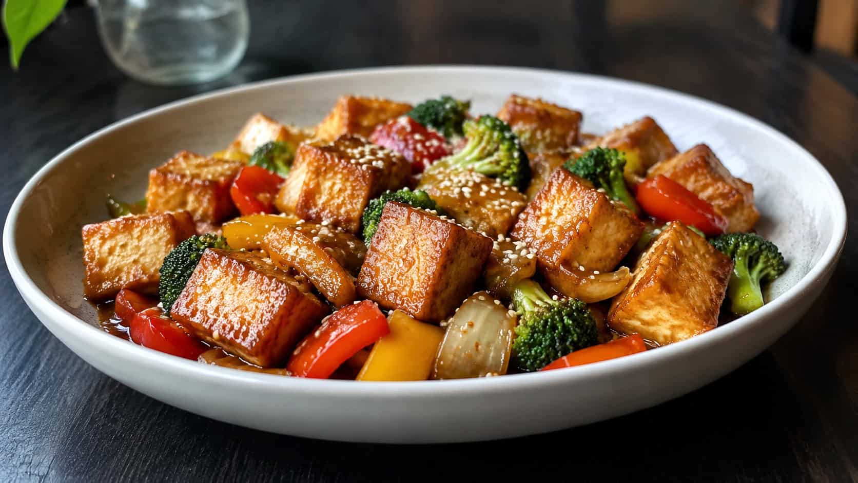 a wide horizontal bowl of crispy golden tofu stir fry with colorful vegetables in a glossy sauce, sesame seeds on top, on a dark table, natural light, shallow depth of field, landscape orientation