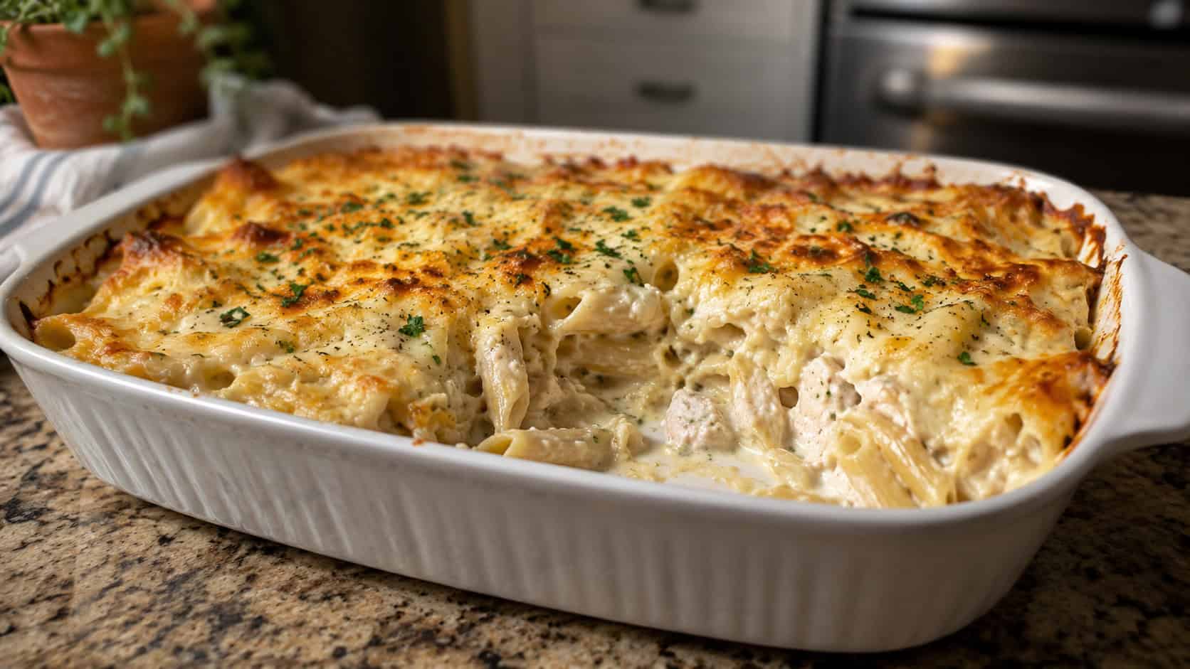 a wide horizontal baking dish of creamy chicken Alfredo pasta with bubbly golden cheese on top, a serving scooped out, on a kitchen counter, warm natural light, shallow depth of field, landscape orientation