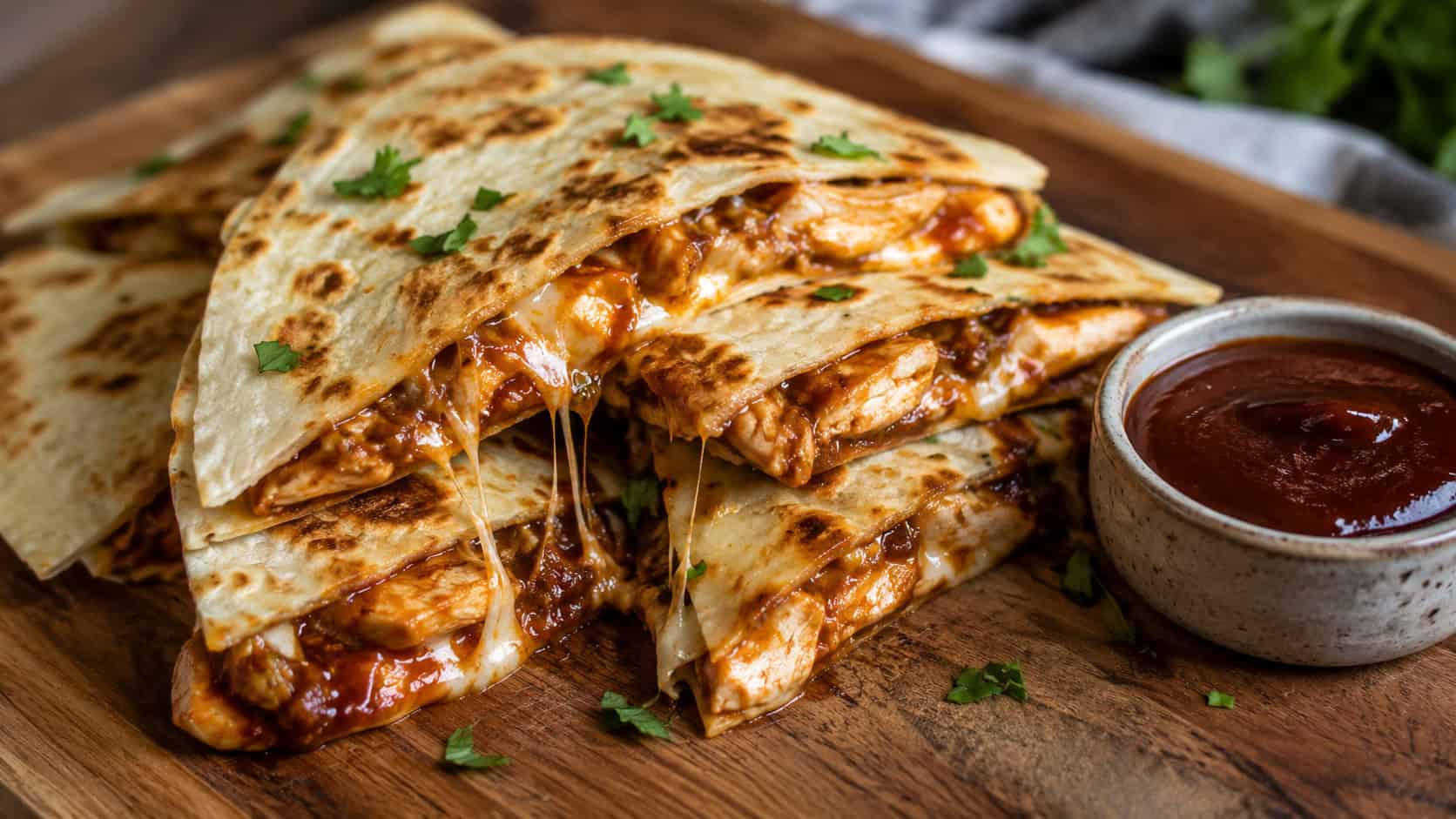 a wide horizontal plate of golden BBQ chicken quesadilla wedges with melty cheese pulling apart, small bowl of barbecue sauce, on a wood board, natural light, shallow depth of field, landscape orientation
