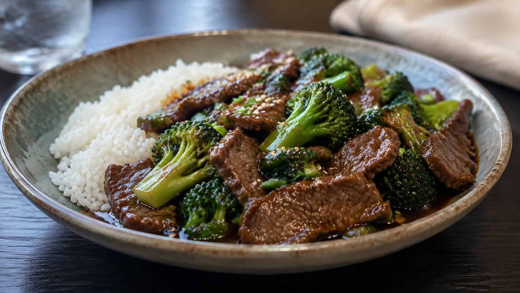 a wide horizontal bowl of beef and broccoli stir fry in a glossy brown sauce, sesame seeds on top, beside white rice, on a dark table, natural light, shallow depth of field, landscape orientation