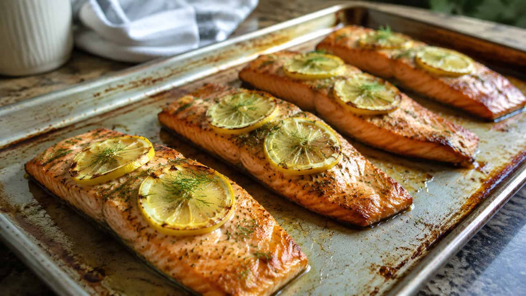 a wide horizontal sheet pan of roasted salmon fillets topped with lemon slices and dill, lightly charred edges, on a kitchen counter, natural light, shallow depth of field, landscape orientation