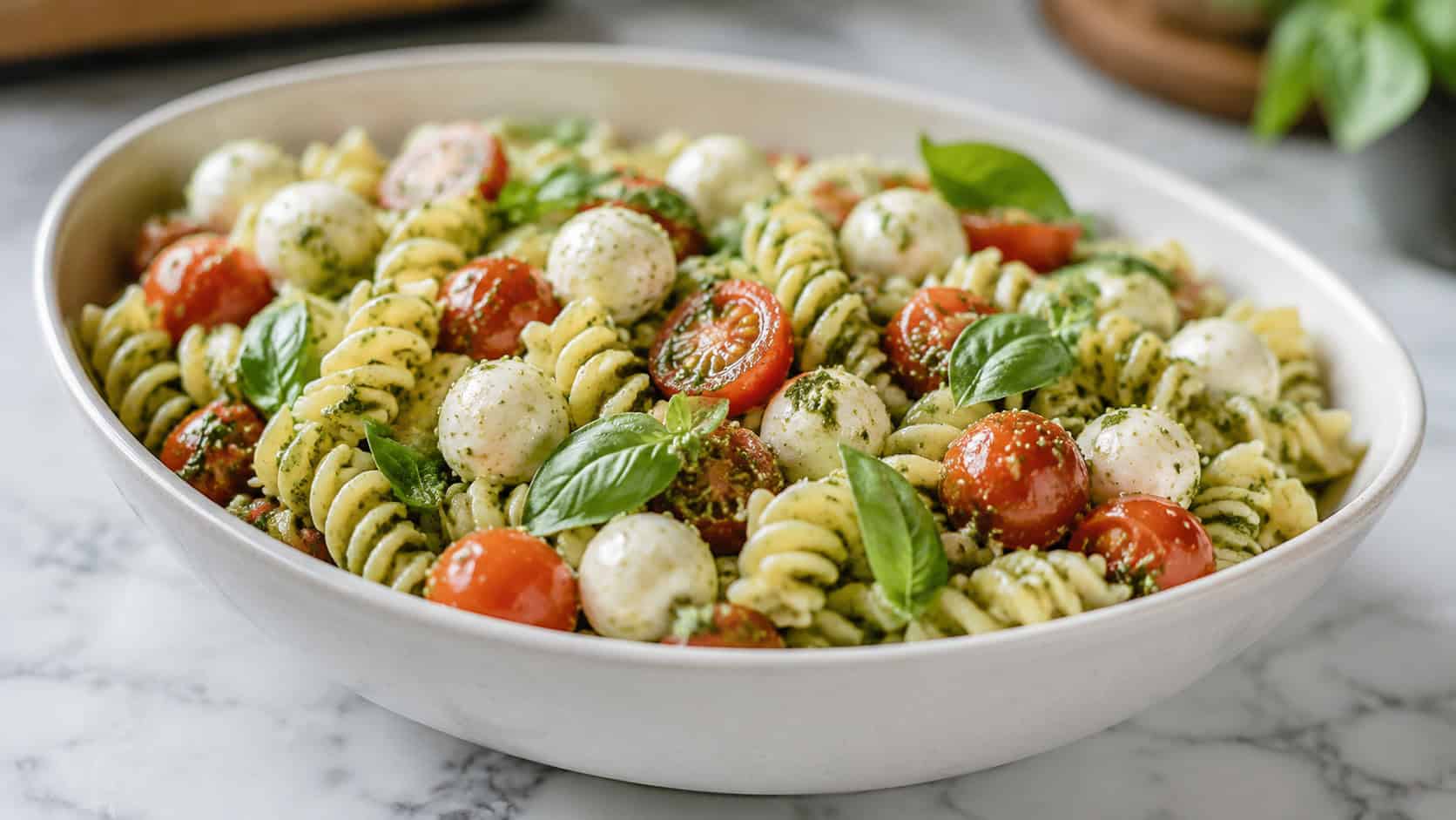 a wide horizontal bowl of green pesto pasta salad with red cherry tomatoes and white mozzarella pearls, fresh basil leaves, on a bright marble surface, natural light, shallow depth of field, landscape orientation