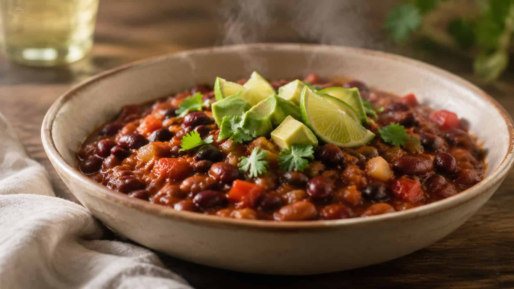 a wide horizontal bowl of thick three-bean vegan chili topped with avocado and lime, steam rising, on a rustic table, warm natural light, shallow depth of field, landscape orientation
