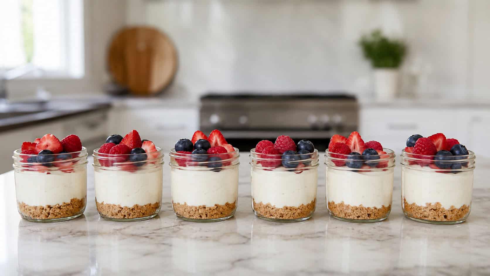 six glass jars of no-bake cheesecake topped with berries in a wide horizontal shot, lined up on a marble counter, bright natural light, shallow depth of field, landscape orientation