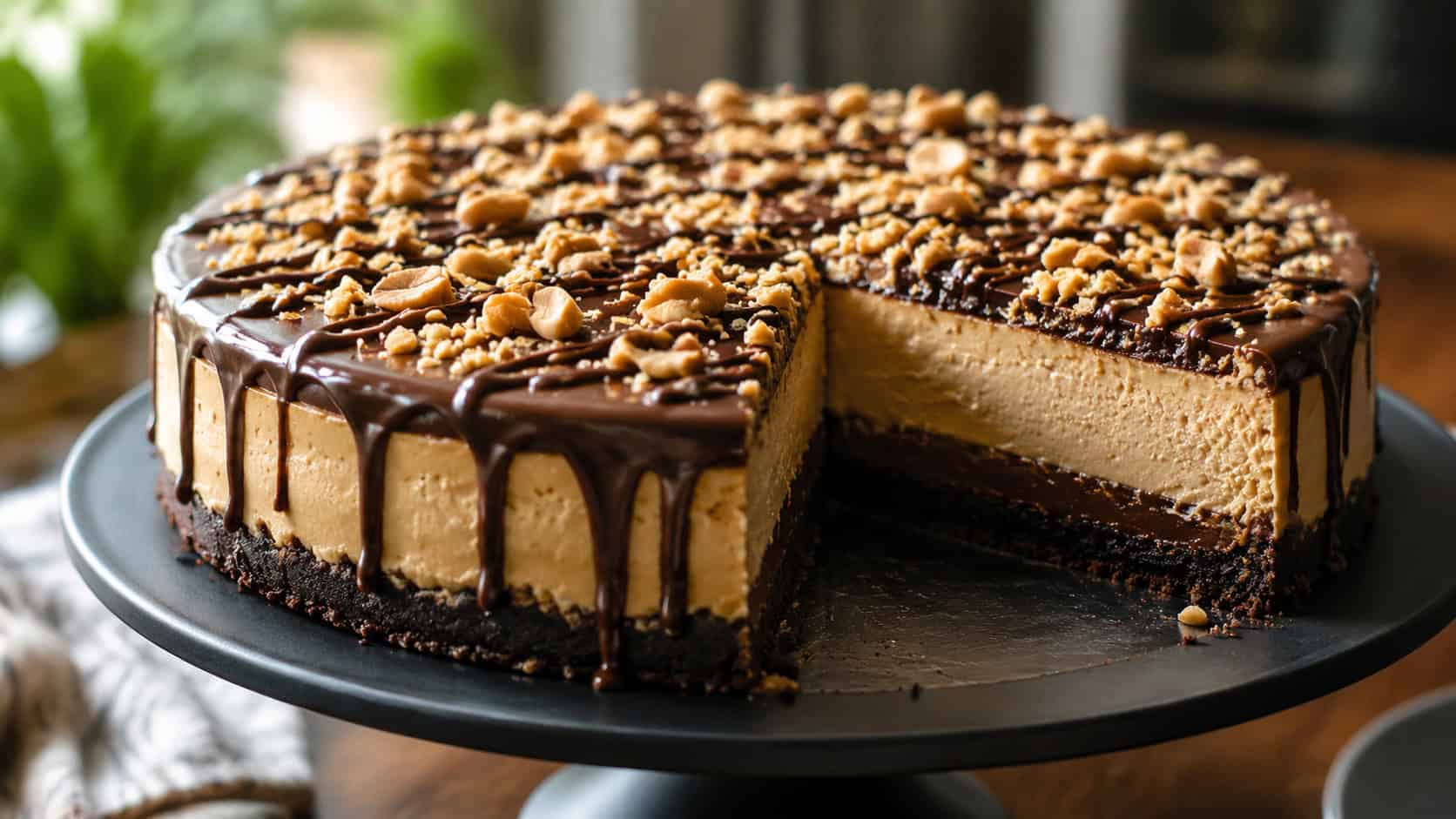 a chocolate peanut butter pie with chocolate drizzle in a wide horizontal shot, on a dark cake stand with a slice removed, soft natural light, shallow depth of field, landscape orientation