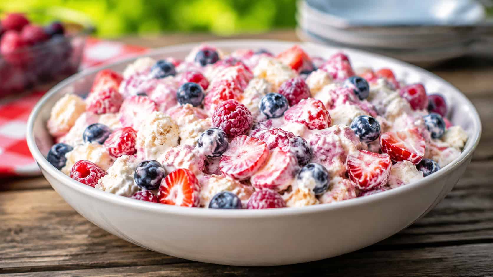 a bowl of creamy berry cheesecake salad loaded with strawberries, blueberries, and raspberries in a wide horizontal shot, on a picnic table, bright natural light, shallow depth of field, landscape orientation