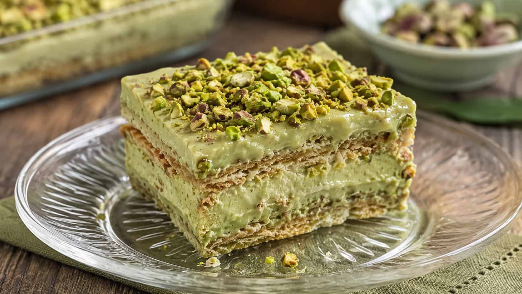 a slice of layered pistachio cream dessert with pale green pudding in a wide horizontal shot, on a glass plate topped with chopped pistachios, soft natural light, shallow depth of field, landscape orientation