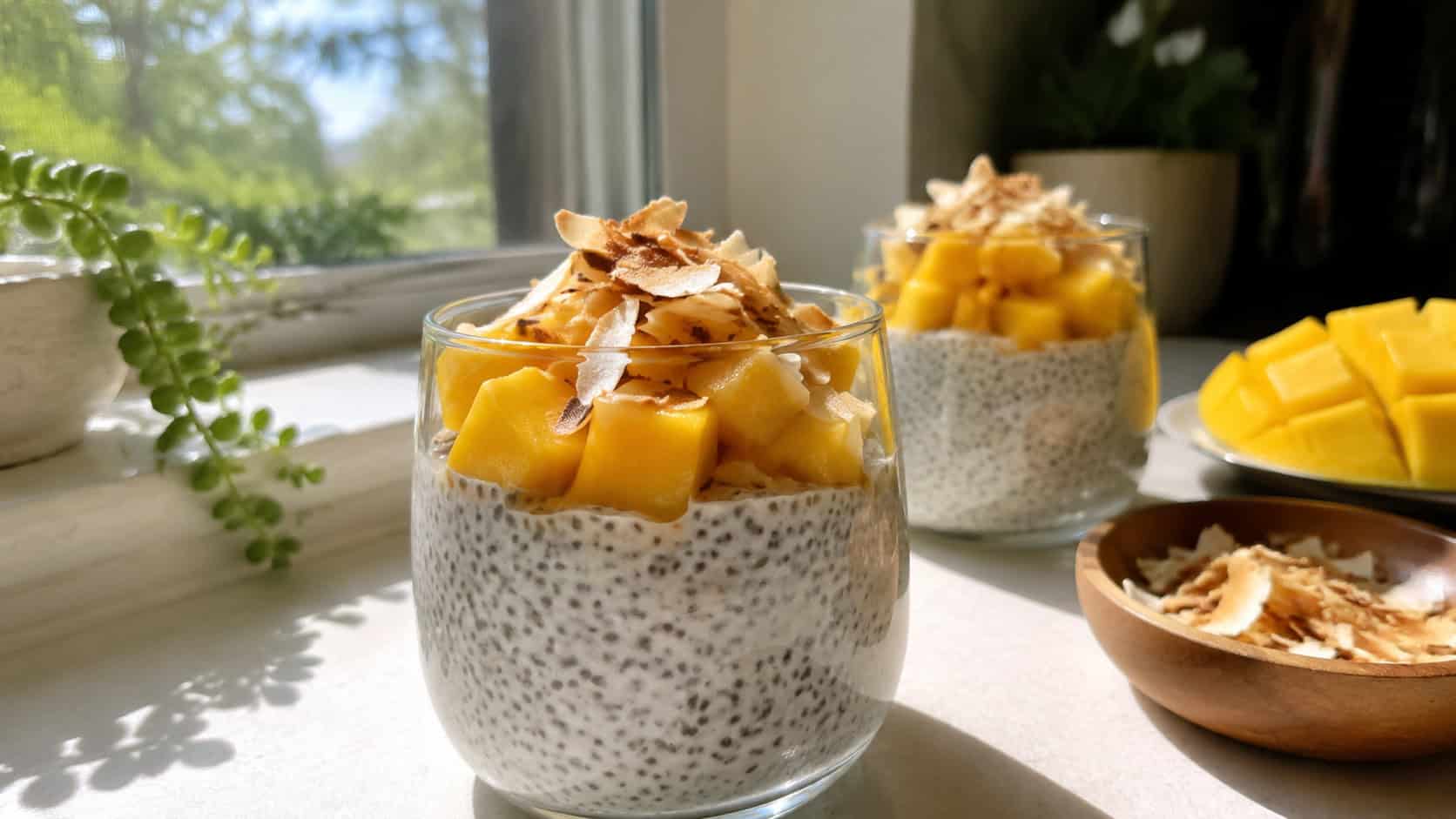 glasses of coconut chia pudding topped with golden mango and toasted coconut in a wide horizontal shot, on a bright windowsill, sunny natural light, shallow depth of field, landscape orientation