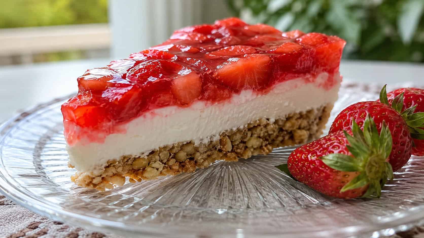 a slice of strawberry pretzel salad showing three colorful layers in a wide horizontal shot, on a glass plate with fresh strawberries, bright natural light, shallow depth of field, landscape orientation