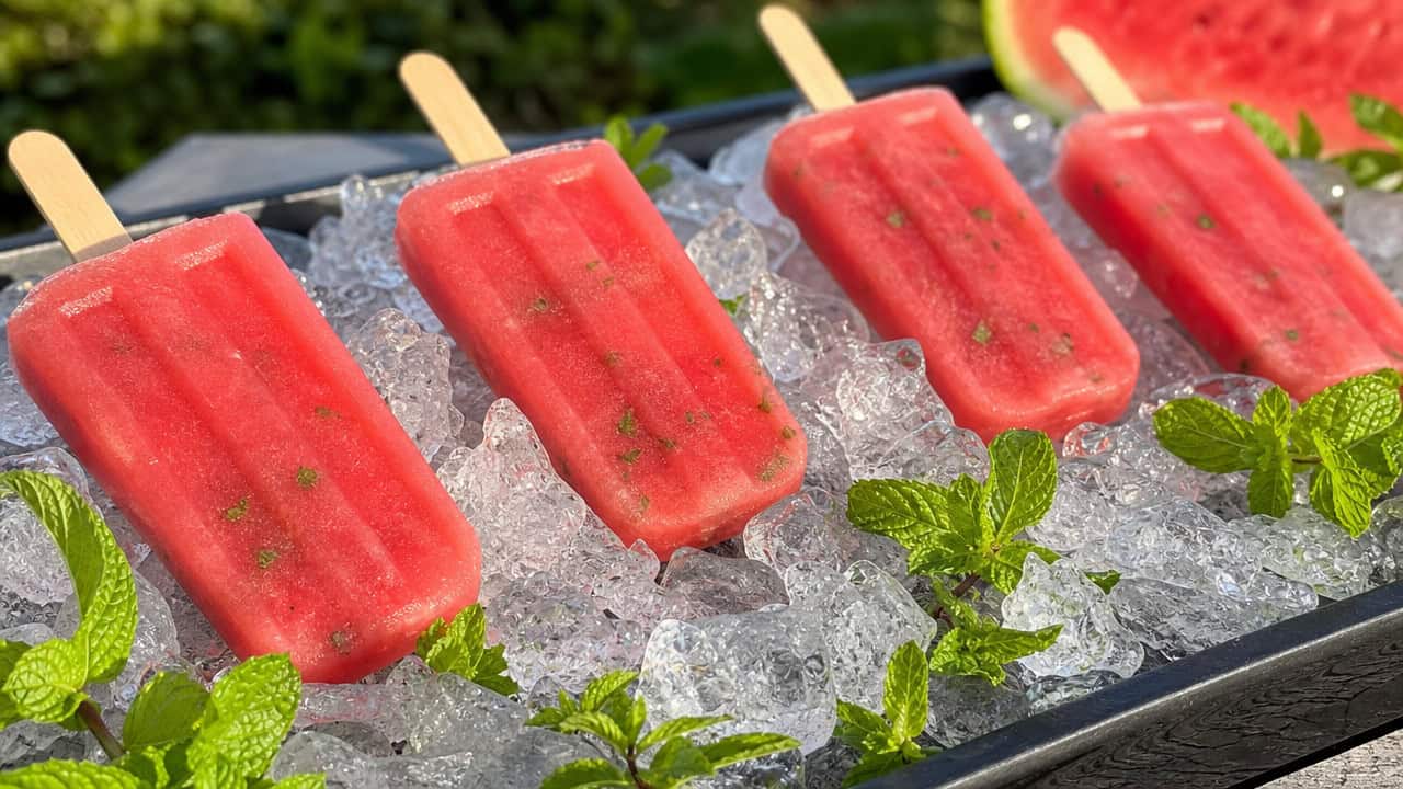 bright pink watermelon mint popsicles in a wide horizontal shot, resting on a tray of crushed ice with mint sprigs, sunny natural light, shallow depth of field, landscape orientation