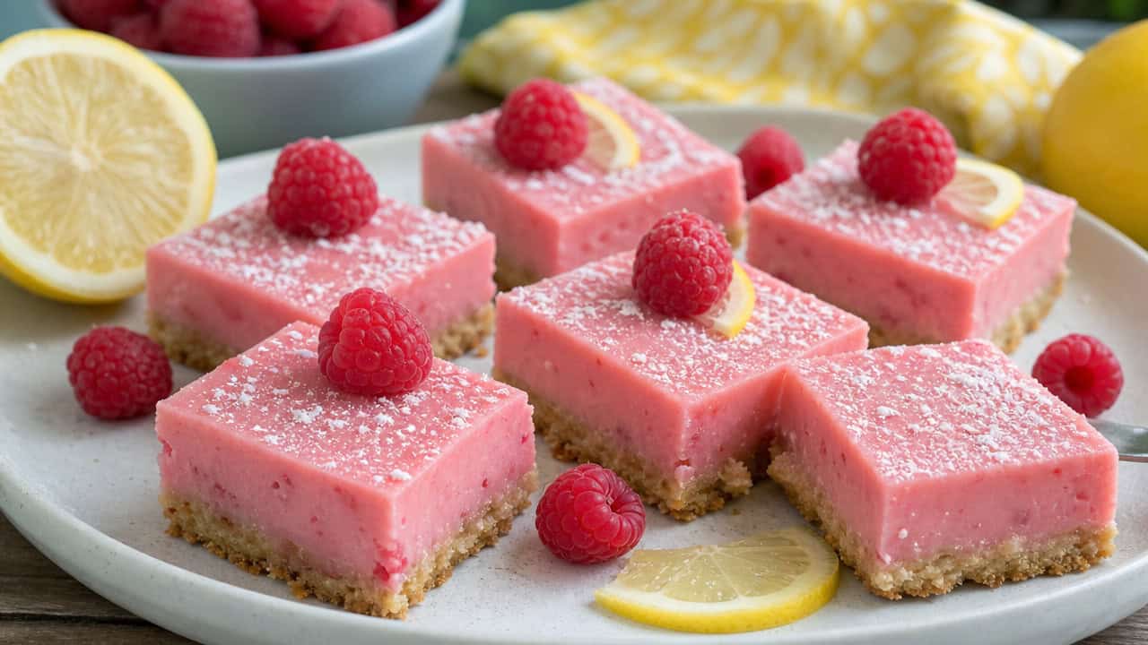 pink raspberry lemonade bars cut into squares in a wide horizontal shot, arranged on a pale plate with fresh raspberries and lemon, bright natural light, shallow depth of field, landscape orientation