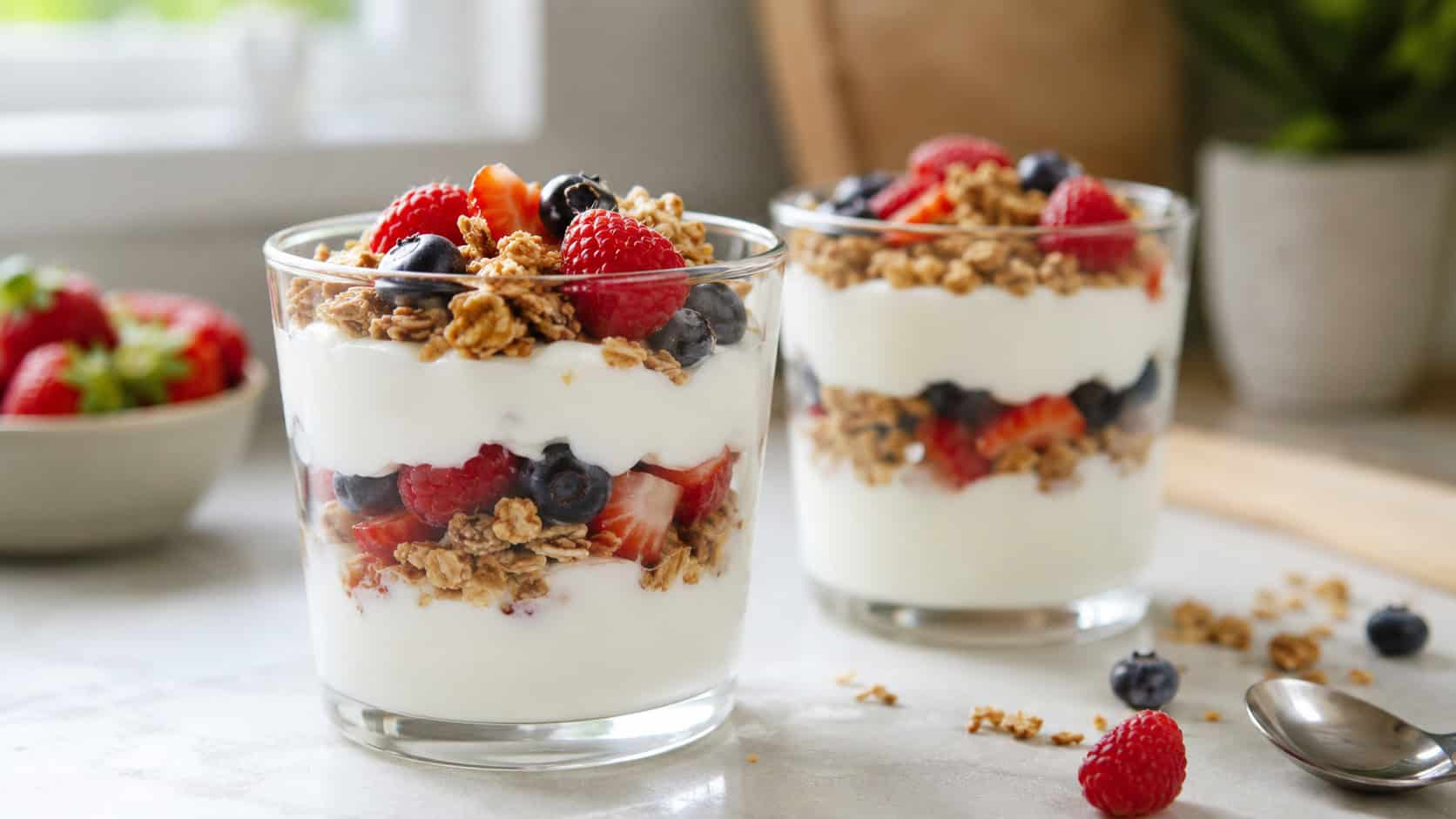 two Greek yogurt parfaits in a wide horizontal shot, glasses layered with white yogurt, red berries, and golden granola on a bright counter, natural light, shallow depth of field, landscape orientation