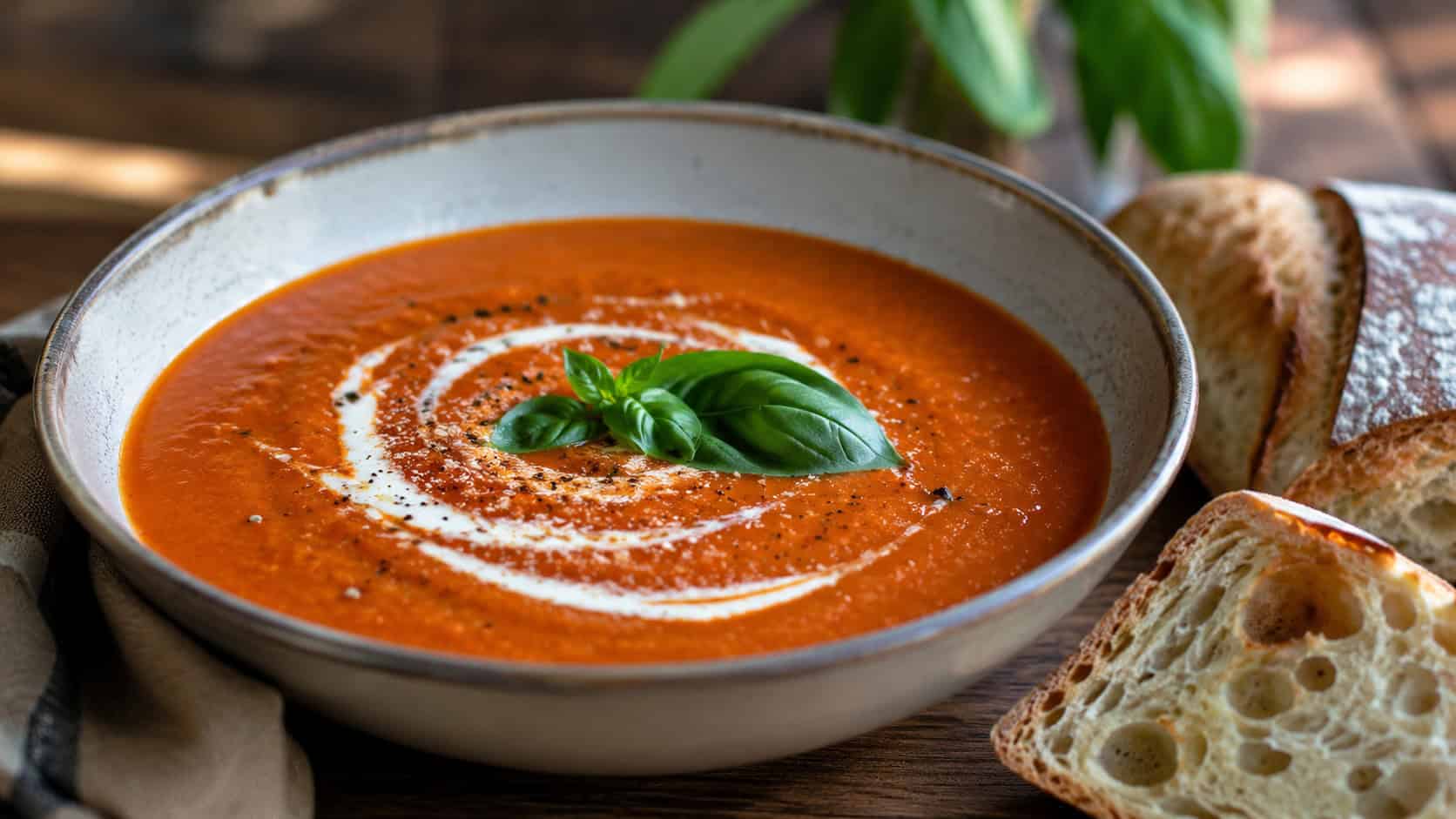 tomato basil soup in a wide horizontal shot, a creamy red bowl topped with a swirl of cream and fresh basil beside crusty bread, natural light, shallow depth of field, landscape orientation