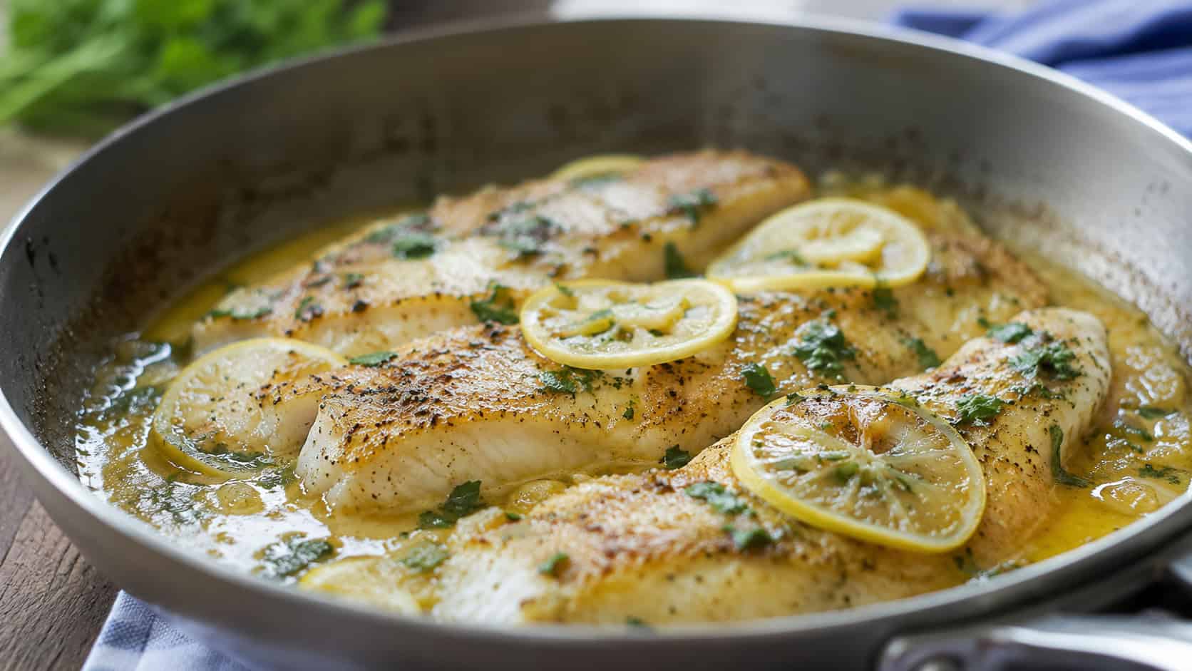 lemon butter fish in a wide horizontal shot, a flaky white fillet in a glossy butter sauce with lemon slices and parsley in a skillet, natural light, shallow depth of field, landscape orientation