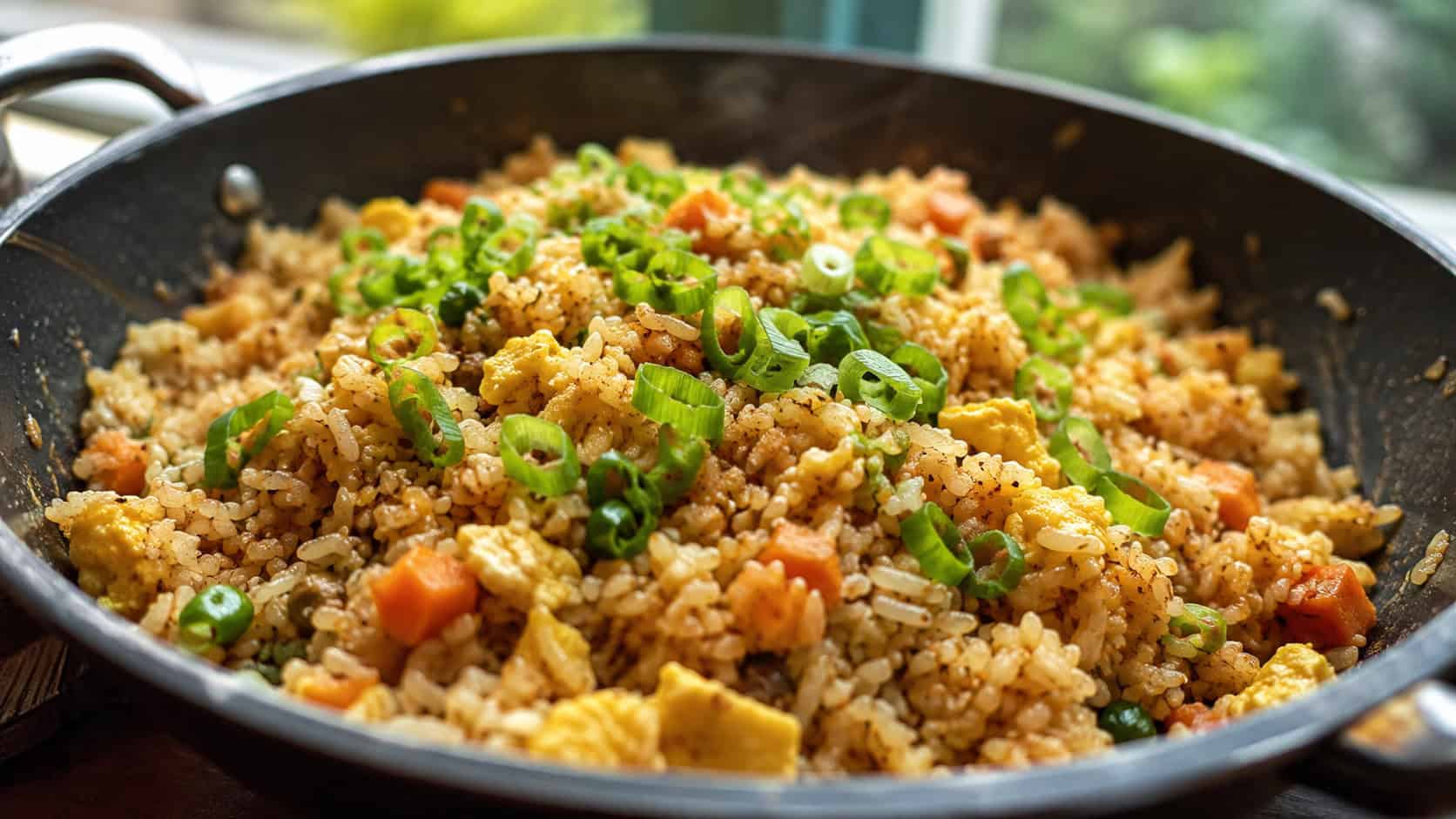 fried rice in a wide horizontal shot, golden rice flecked with vegetables and egg in a dark skillet with scallions on top, natural light, shallow depth of field, landscape orientation