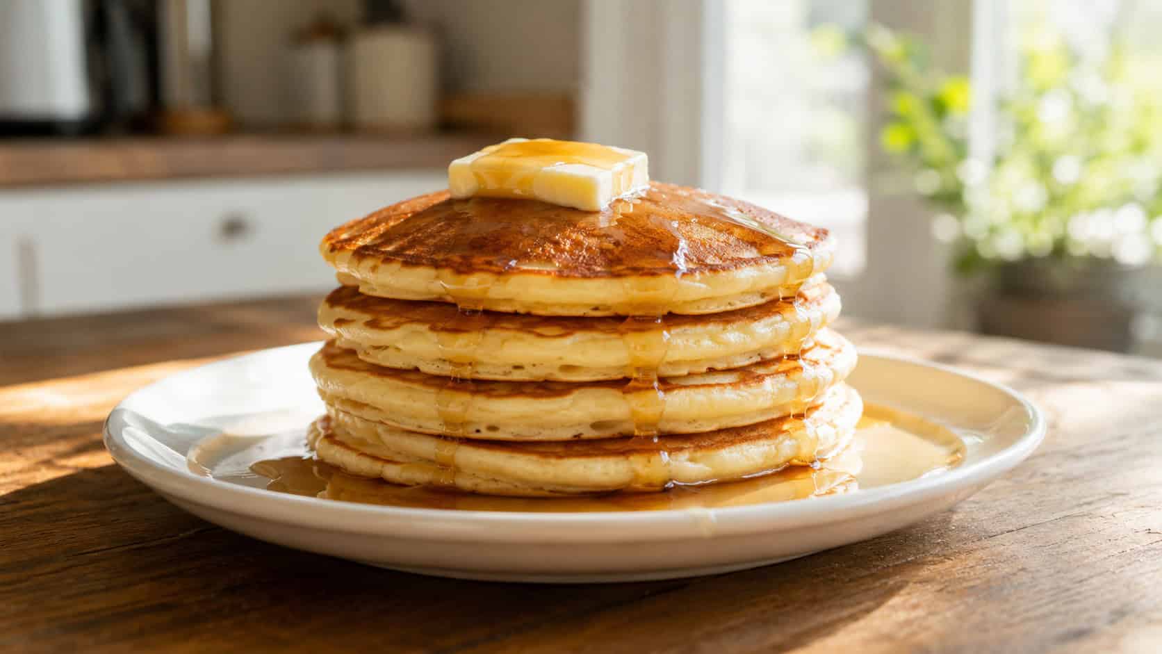 a stack of pancakes in a wide horizontal shot, golden fluffy pancakes with a pat of butter and syrup dripping down on a plate, bright morning light, shallow depth of field, landscape orientation