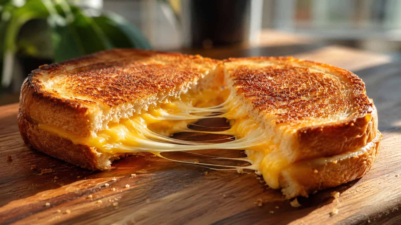 a grilled cheese sandwich in a wide horizontal shot, cut in half with melty cheese pulling apart on a wooden board, warm natural light, shallow depth of field, landscape orientation