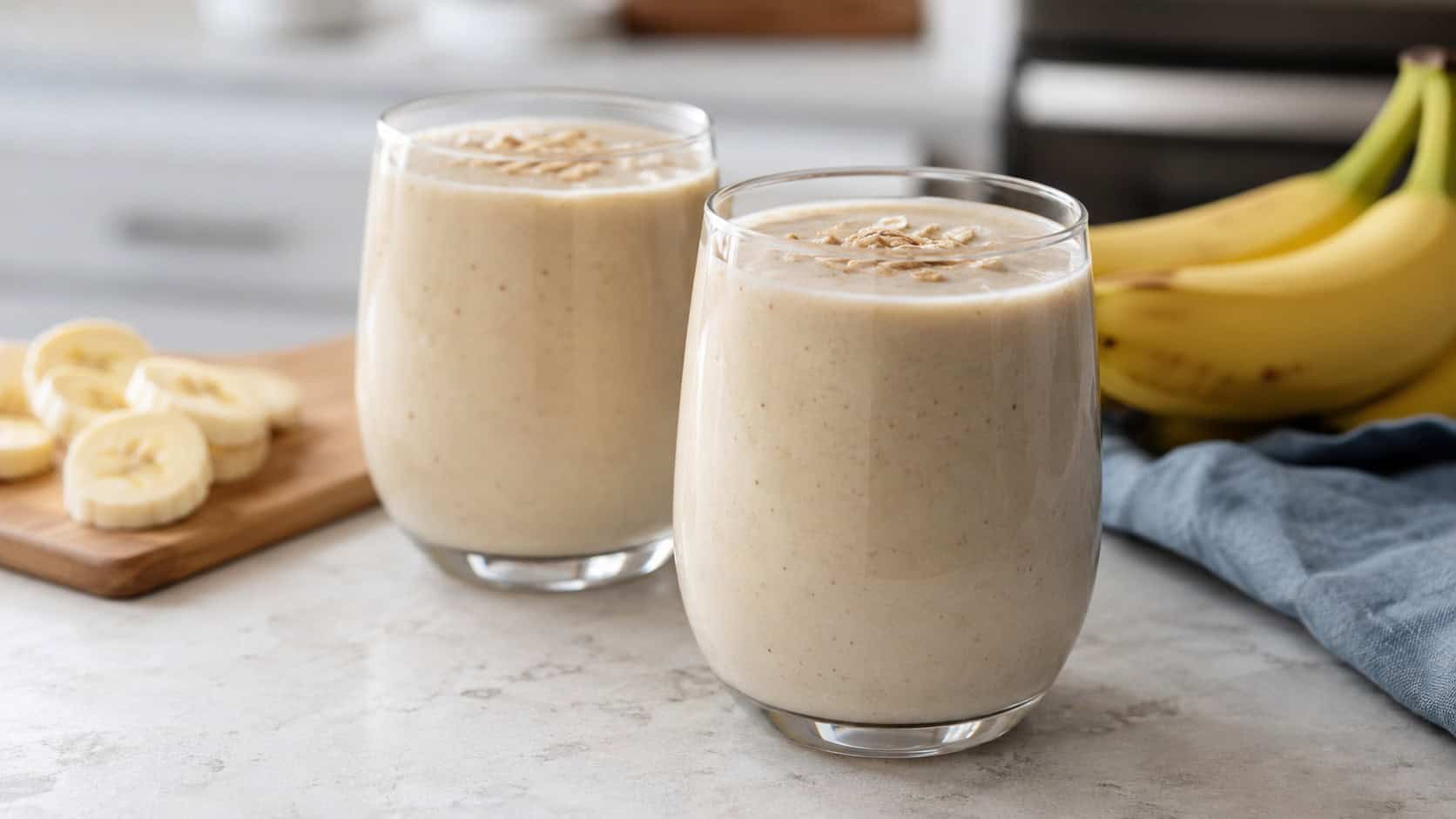 two peanut butter banana smoothies in a wide horizontal shot, thick creamy beige drinks in glasses with banana slices beside them on a light counter, bright natural light, shallow depth of field, landscape orientation