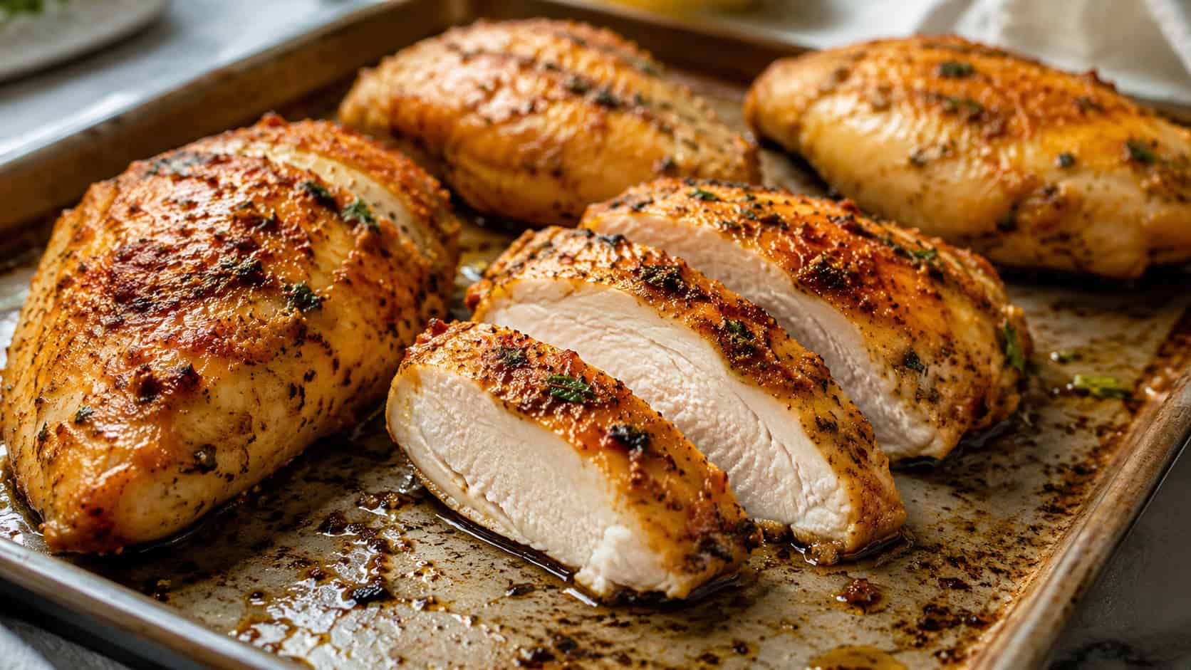 baked chicken breasts in a wide horizontal shot, golden seasoned chicken on a sheet pan with crisp edges, one sliced to show juicy interior, natural light, shallow depth of field, landscape orientation