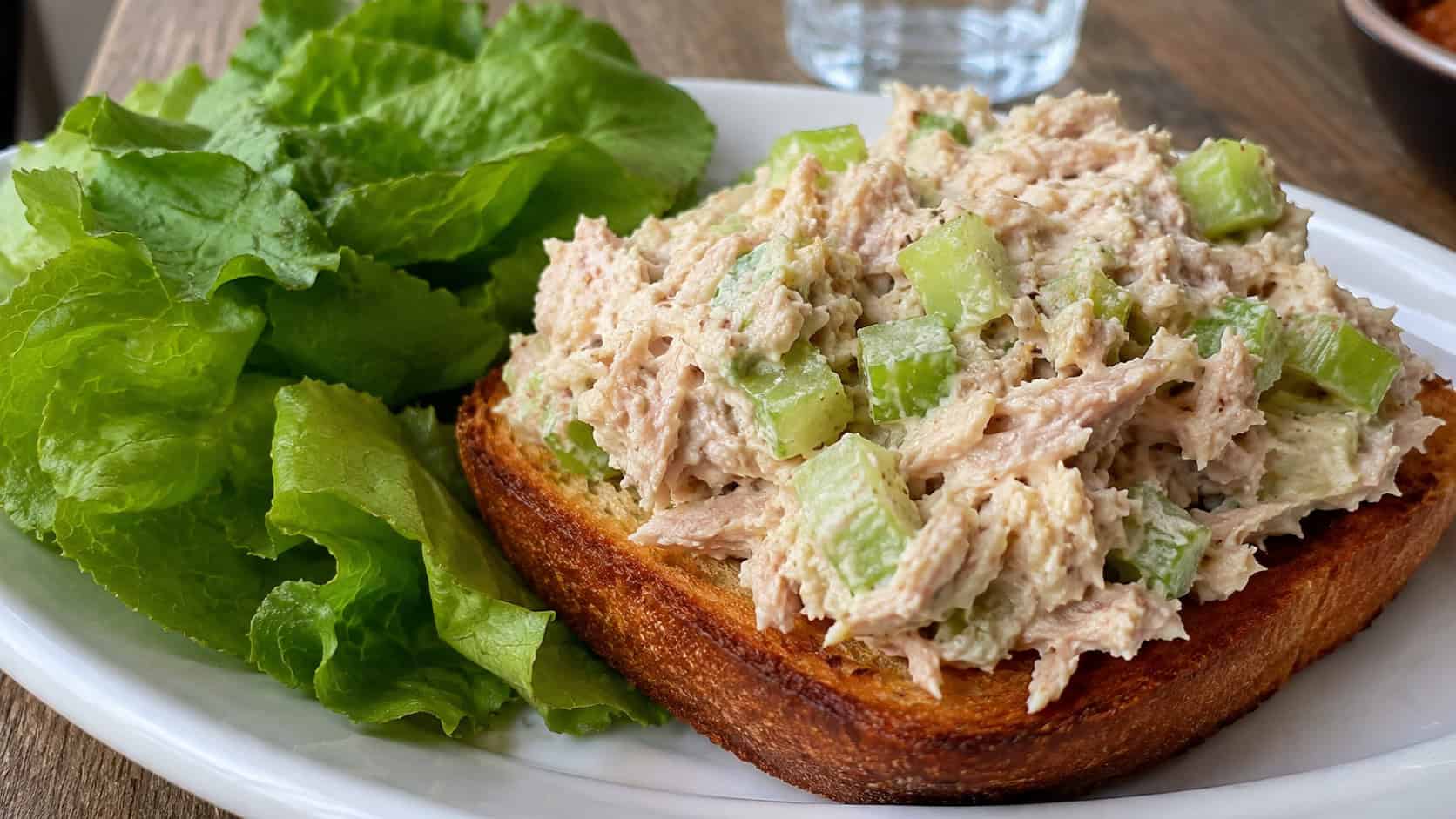 tuna salad in a wide horizontal shot, a creamy scoop flecked with celery on toasted bread beside crisp lettuce on a plate, natural light, shallow depth of field, landscape orientation