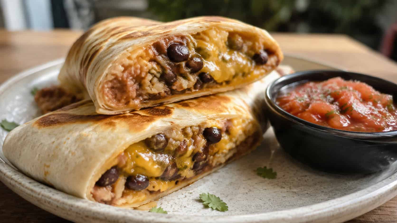 bean burritos in a wide horizontal shot, golden toasted wraps cut on the diagonal to show melty cheese and beans, salsa bowl beside them, natural light, shallow depth of field, landscape orientation