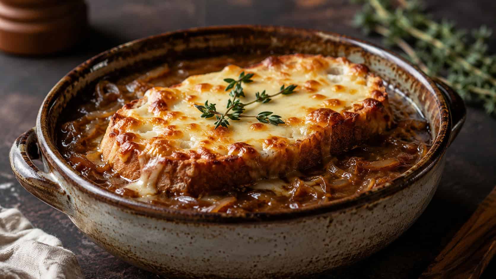 French onion soup in a wide bowl shot horizontally, rich brown broth with caramelized onions topped with a toasted baguette slice and melted bubbly cheese, a rustic dark surface, warm natural light, shallow depth of field, landscape orientation
