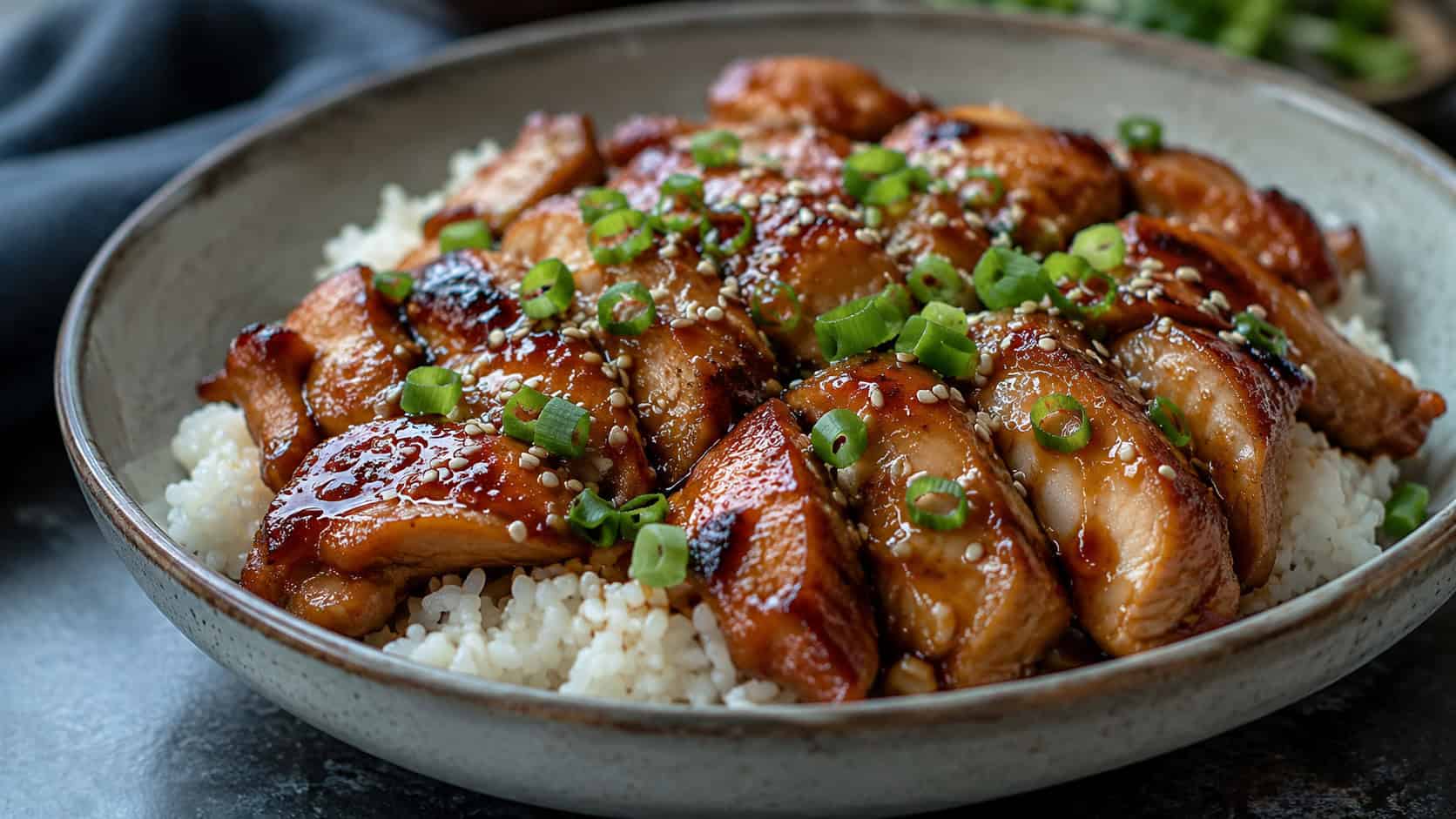 teriyaki chicken thighs over rice in a wide bowl shot horizontally, glossy glazed chicken sprinkled with sesame seeds and green onion, steamed rice and a dark surface, natural light, shallow depth of field, landscape orientation