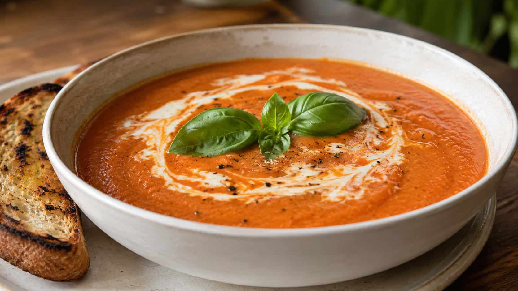 creamy tomato basil soup in a wide bowl shot horizontally, smooth red soup swirled with cream and topped with fresh basil, a grilled bread slice on the side, warm natural light, shallow depth of field, landscape orientation