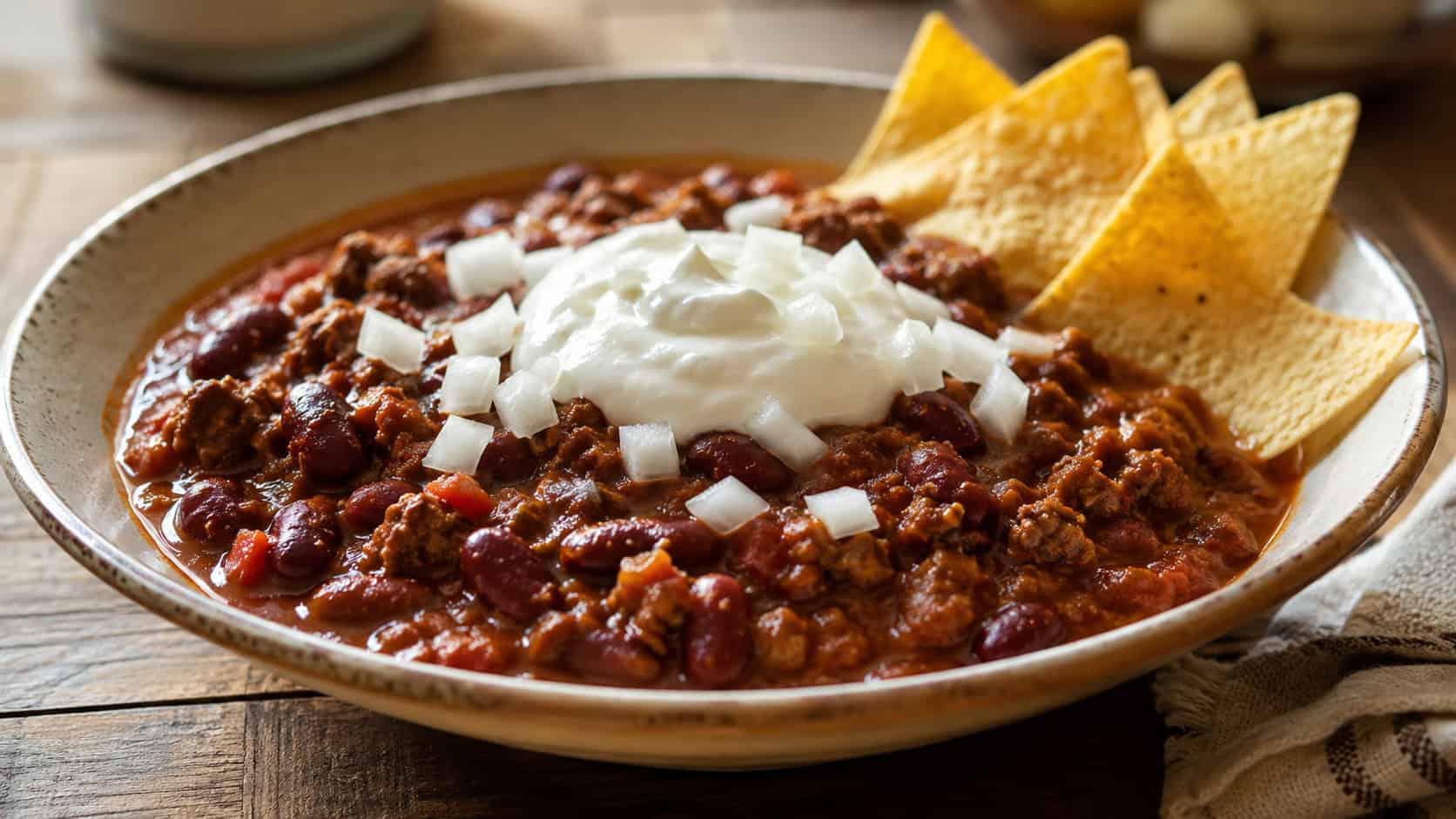 hearty slow cooker chili in a wide bowl shot horizontally, thick beef and bean chili topped with diced onion and a dollop of sour cream, tortilla chips on the side, warm natural light, shallow depth of field, landscape orientation