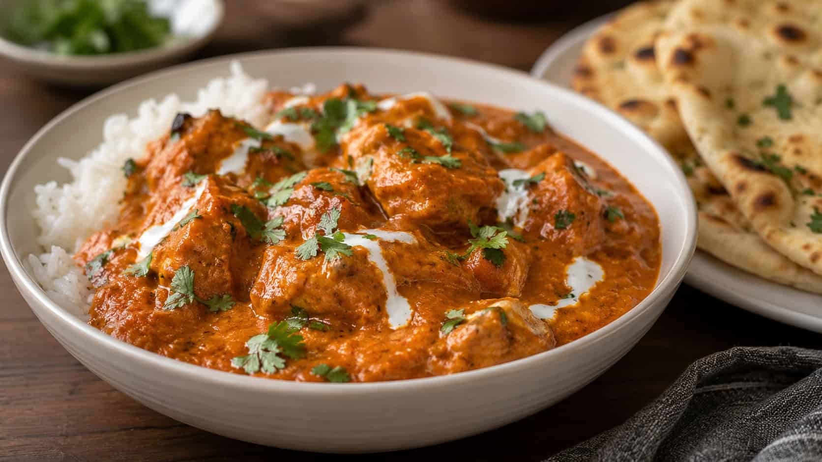 creamy butter chicken in a wide bowl over rice shot horizontally, glossy orange-red sauce coating tender chicken with a swirl of cream and cilantro, naan on the side, warm natural light, shallow depth of field, landscape orientation