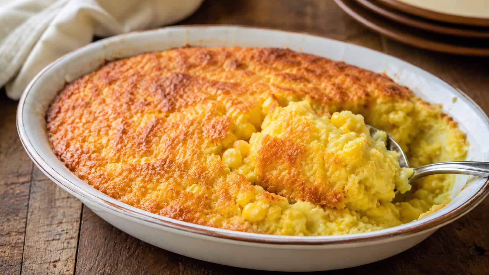 golden cornbread pudding scooped into a wide dish shot horizontally, moist custardy corn casserole flecked with whole corn kernels, a serving spoon and rustic table, warm natural light, shallow depth of field, landscape orientation