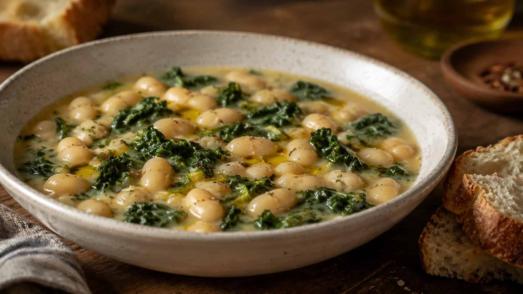 Tuscan white bean soup in a wide bowl shot horizontally, creamy white beans and green kale in a savory broth with a drizzle of olive oil, crusty bread on a rustic surface, warm natural light, shallow depth of field, landscape orientation