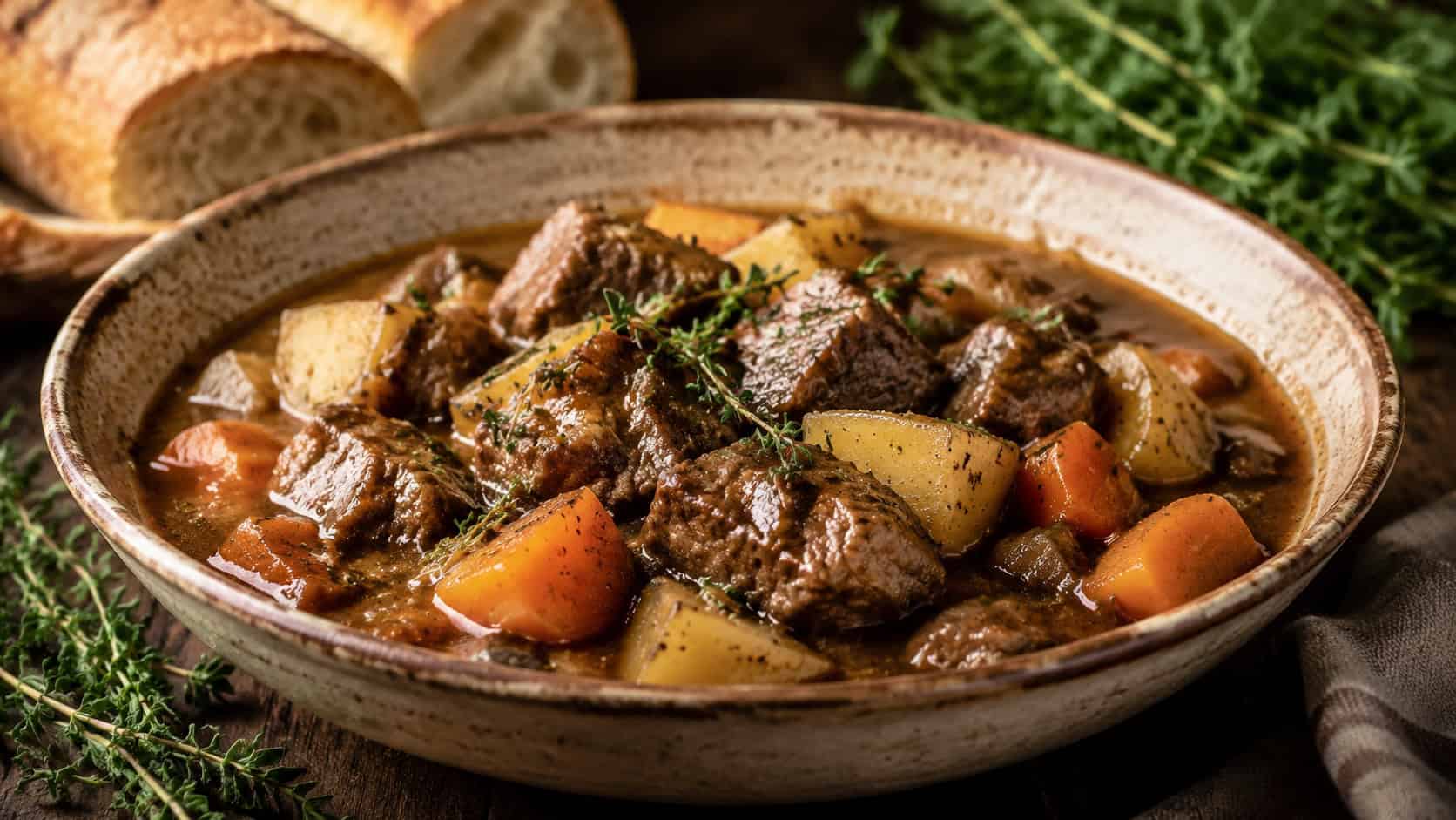 hearty beef stew in a wide rustic bowl shot horizontally, tender beef chunks with carrots and potatoes in thick brown gravy, fresh thyme and crusty bread on a dark wooden surface, warm natural light, shallow depth of field, landscape orientation