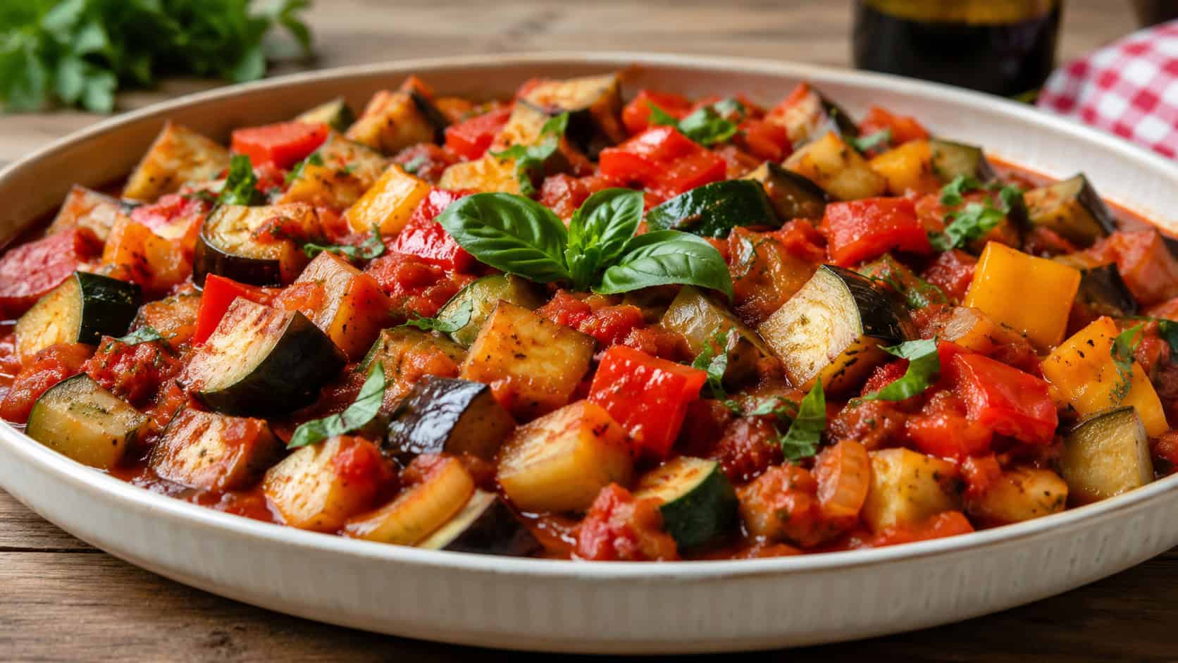 vegetable ratatouille in a wide shallow dish shot horizontally, colorful chunks of eggplant zucchini and bell pepper in a herby tomato sauce, fresh basil on top and a rustic table, warm natural light, shallow depth of field, landscape orientation