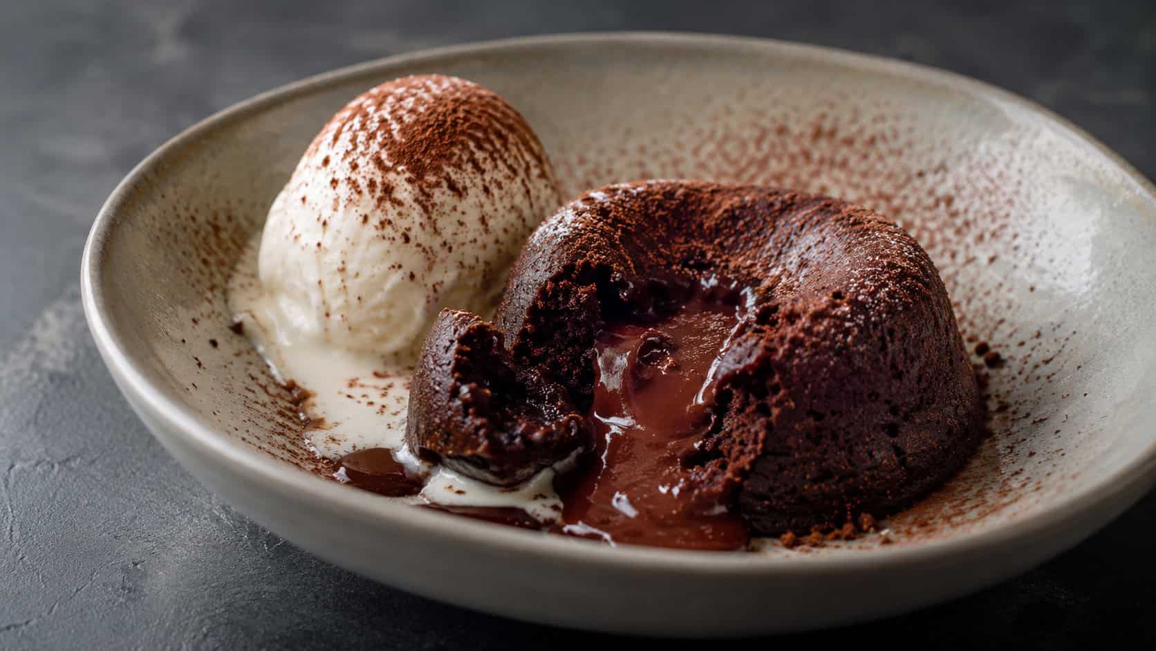 warm chocolate lava cake scooped into a wide bowl shot horizontally, rich fudgy cake with molten chocolate oozing out, a scoop of vanilla ice cream and dusting of cocoa, a dark moody surface, soft natural light, shallow depth of field, landscape orientation