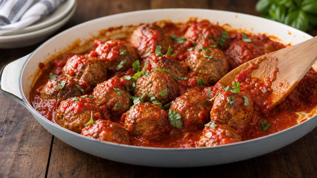 savory meatballs in marinara in a wide shallow dish shot horizontally, glossy red sauce coating tender meatballs with fresh basil, a wooden spoon and rustic table, warm natural light, shallow depth of field, landscape orientation