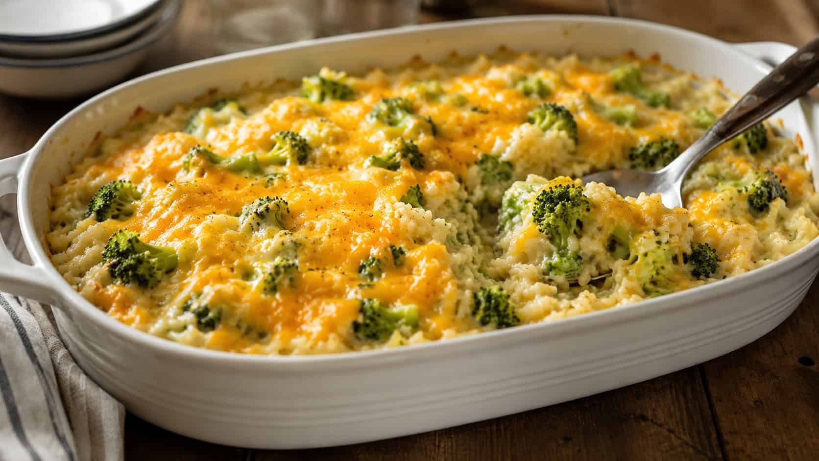 cheesy broccoli and rice casserole in a wide dish shot horizontally, creamy rice studded with green broccoli and melted cheddar, a serving spoon and rustic surface, warm natural light, shallow depth of field, landscape orientation